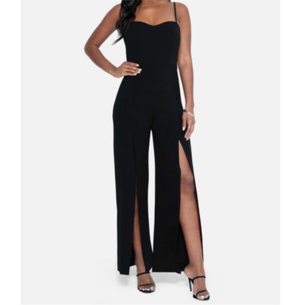 NWT Bebe Open Leg Scuba Jumpsuit in Black, size Large.